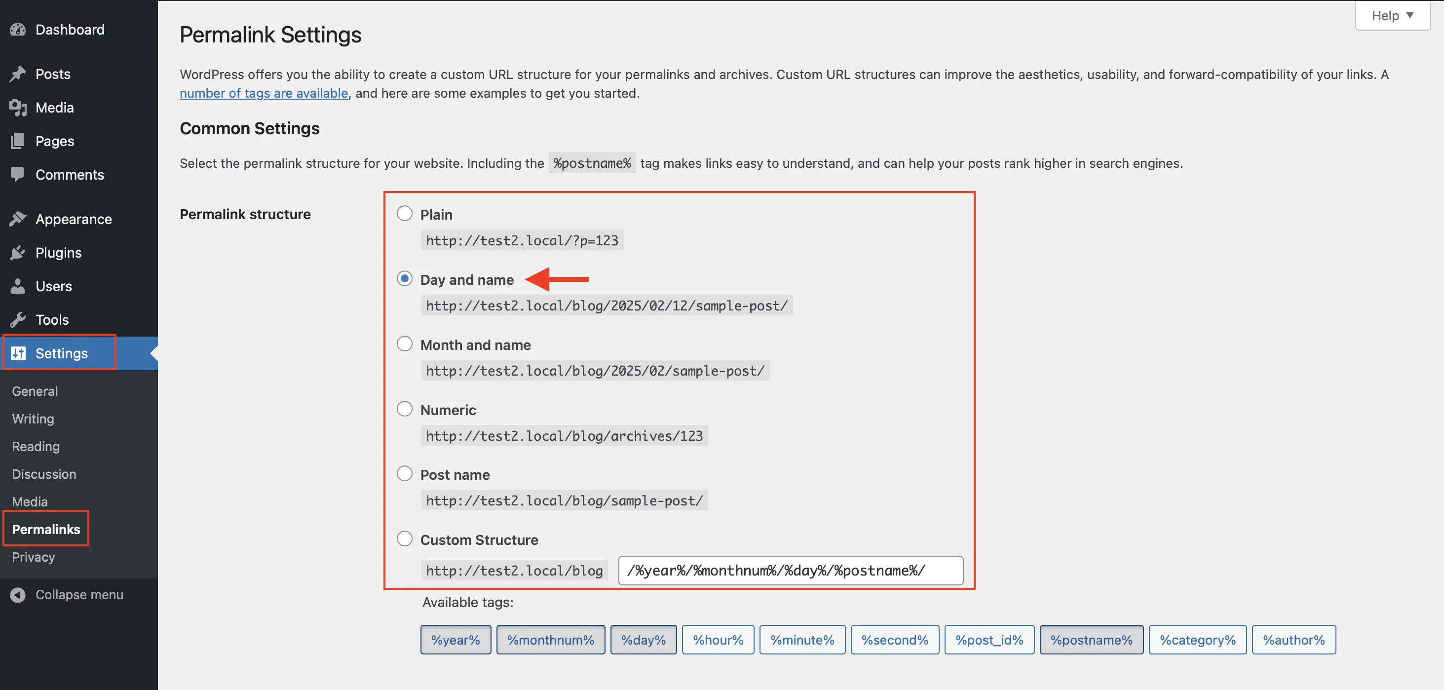 Image: Permalinks – Common settings, different link structure options