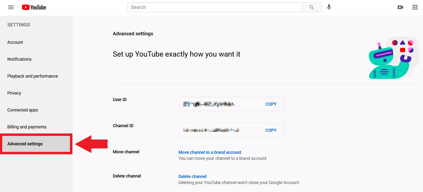 “Advanced Settings” in YouTube menu “Advanced Settings” in YouTube menu