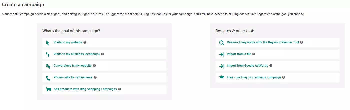 Image: Menu for selecting goals when creating a campaign with Bing ads