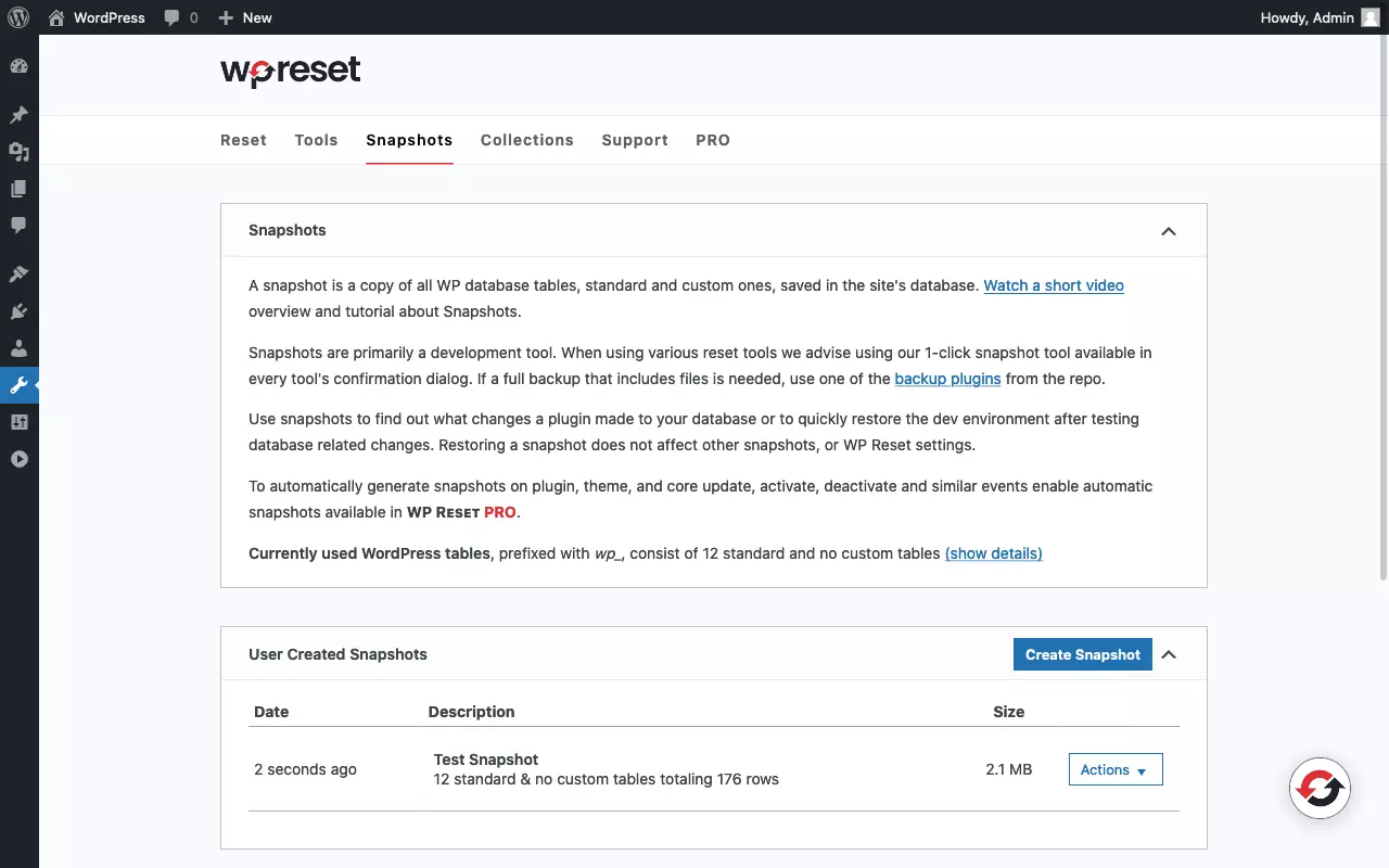 Image: Screenshot of the WP Reset Plugin snapshot page
