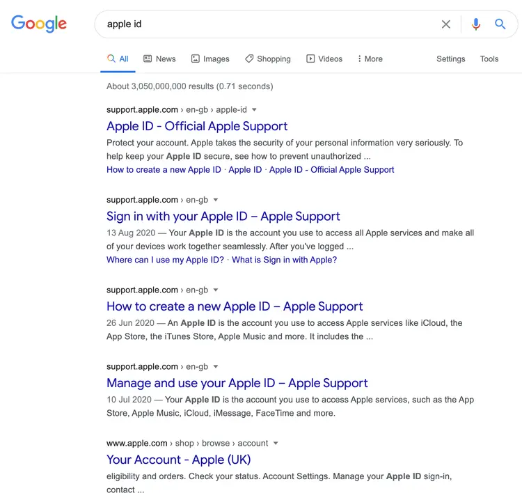 SERP Google search “apple id” SERP Google search “apple id”