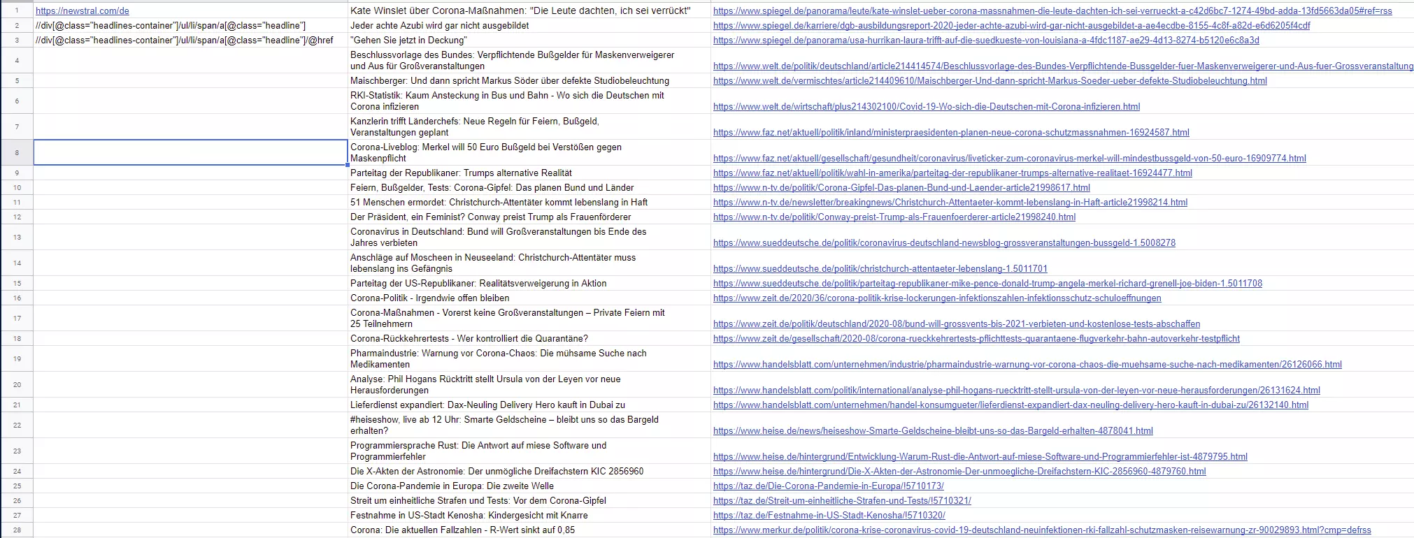 Image: Google Sheets: importXML import results from newstral.com