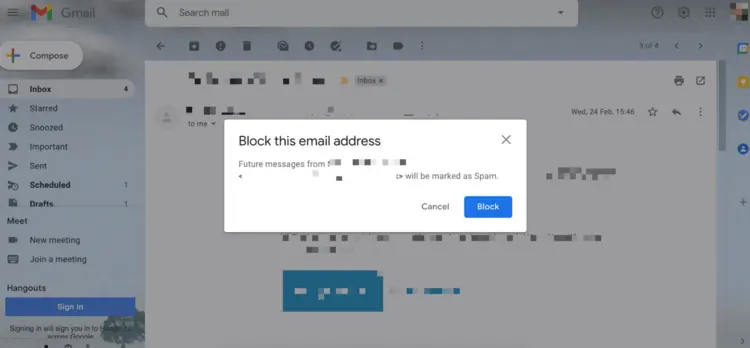 Gmail: “Block this email address” dialog Gmail: “Block this email address” dialog