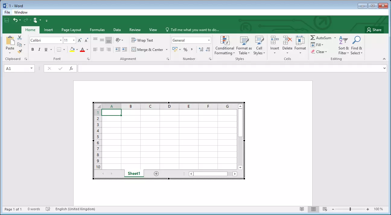 Image: Screenshot of how to create an Excel table in Word