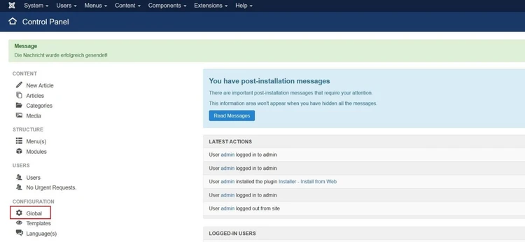 “Control panel” in Joomla!’s back end “Control panel” in Joomla!’s back end
