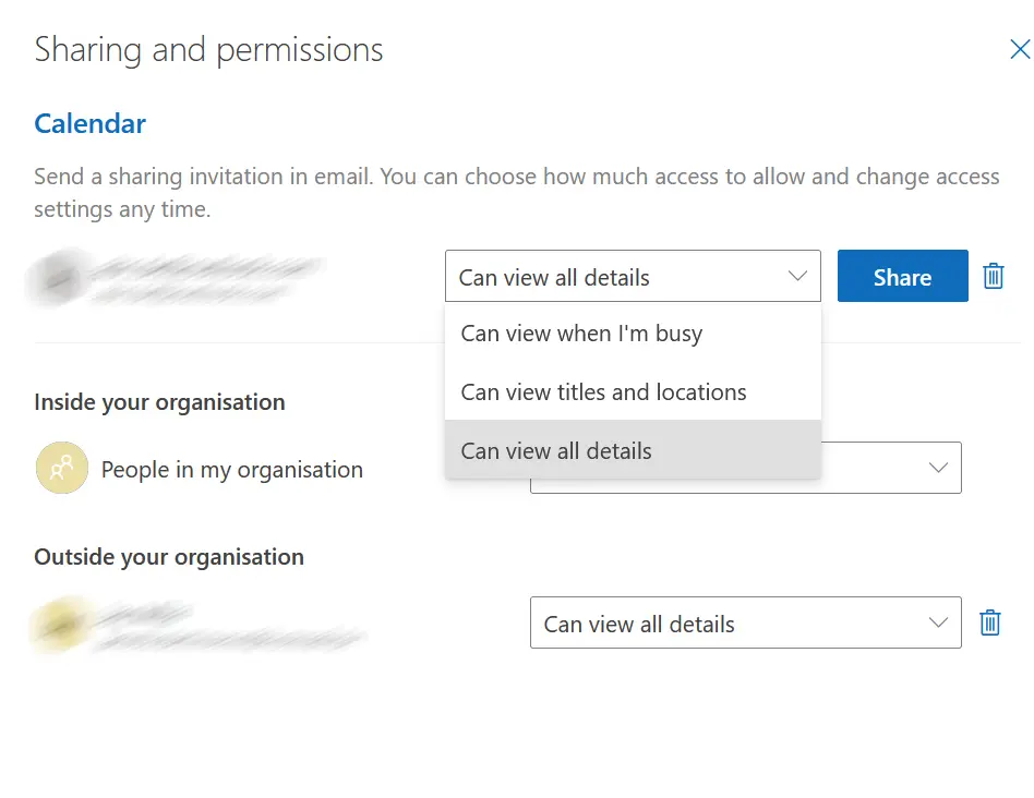 Outlook on the web: Authorization settings for sharing a calendar Image: Outlook on the web: Authorization settings for sharing a calendar