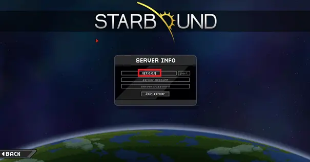 Starbound window to enter server data Starbound window to enter server data