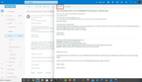 Image: Email preview before clicking on the “Print” option