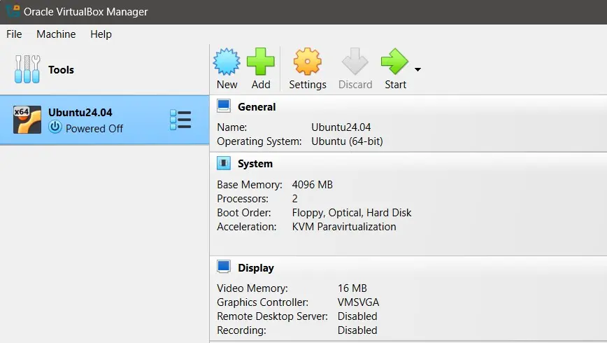 Image: Oracle VirtualBox Manager with selectable VM