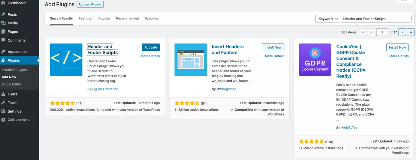 Image: Activate Header and Footer Scripts plugin