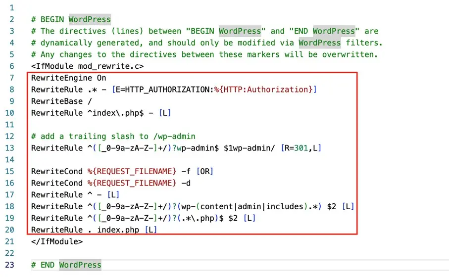 Image: Updated .htaccess file with the new code from the WordPress dashboard