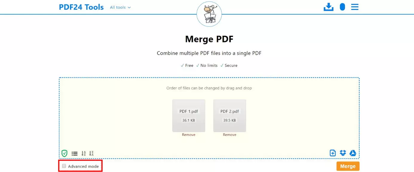 Image: PDF24 Tools: View of uploaded PDF files