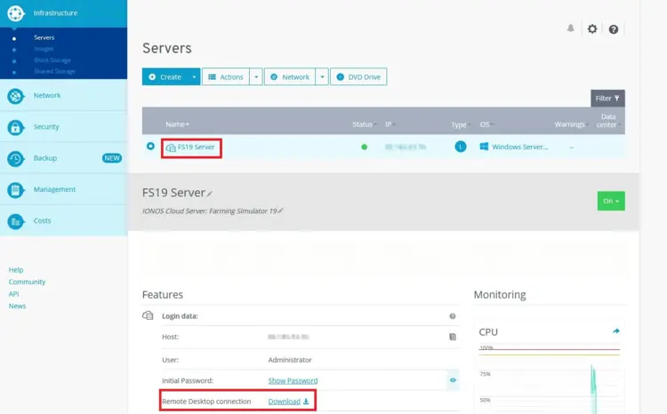 Control panel in IONOS for the FS19 server Control panel in IONOS for the FS19 server
