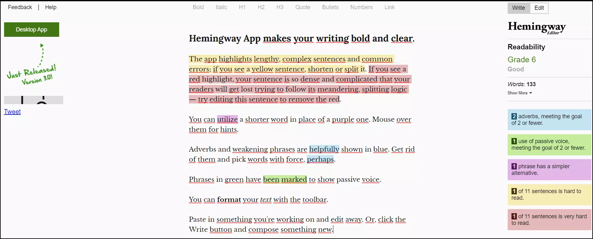 Image: The website of Hemingwayapp.com