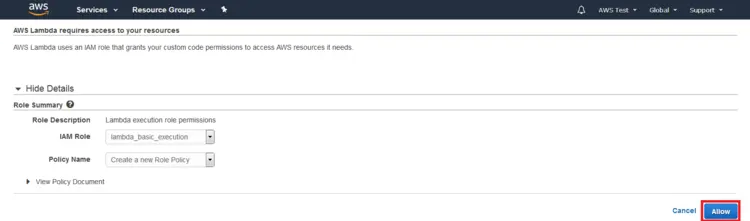 AWS Management Console: configuration mask for the Lambda function’s execution role. AWS Management Console: configuration mask for the Lambda function’s execution role.