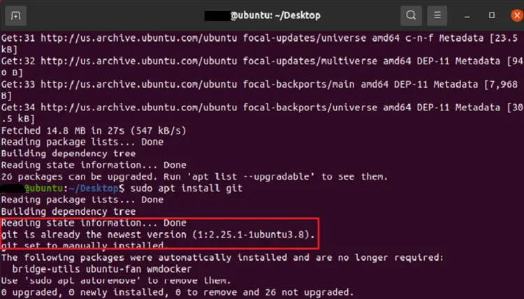 Terminal view after installation of Git on Ubuntu 20.04 Terminal view after installation of Git on Ubuntu 20.04