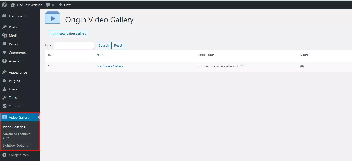 Image: “Video Gallery” menu in WordPress