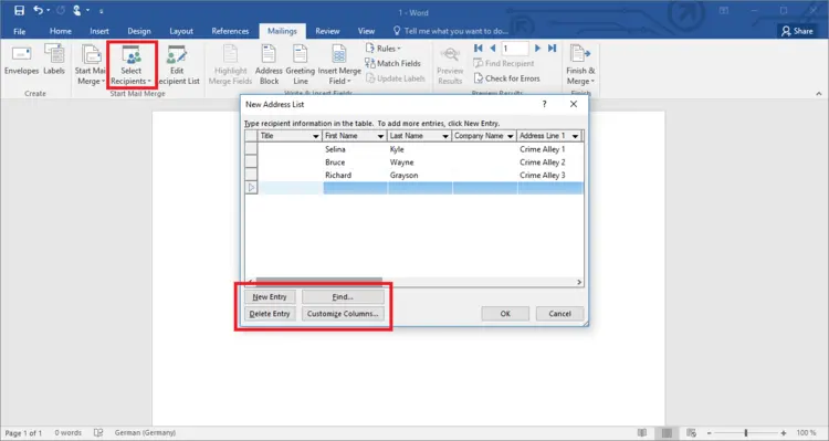 New address list for a mail merge in Word New address list for a mail merge in Word