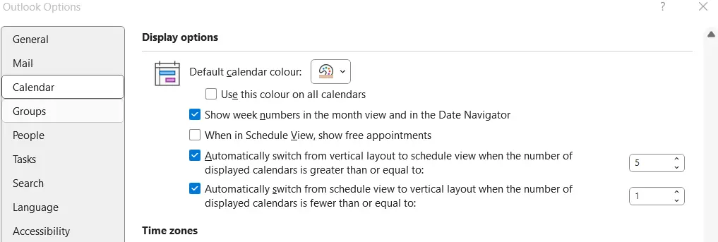 Image: Outlook options: Calendar settings
