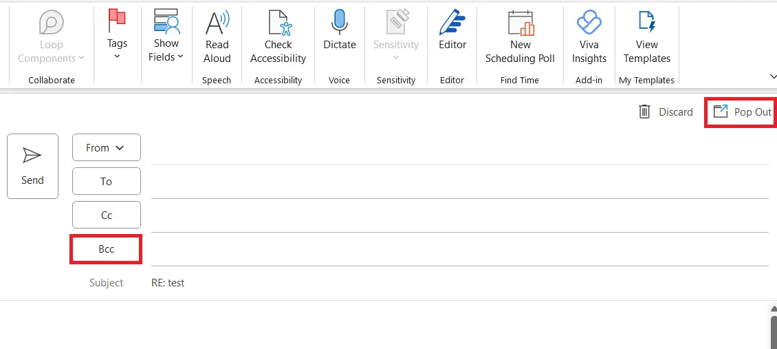 Outlook: The Pop Out button in the Message tab Image: Outlook: The Pop Out button in the Message tab