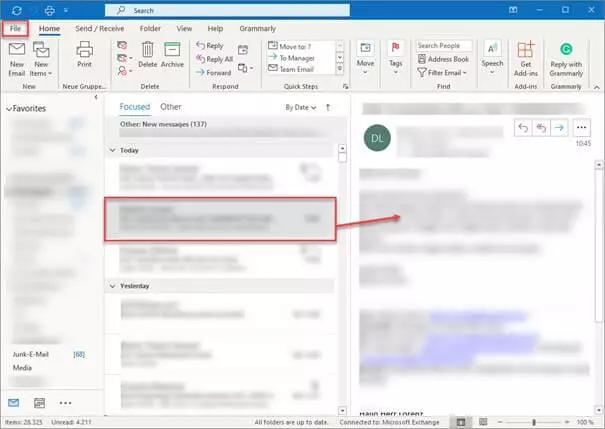 Image: Outlook “File” tab and the email selected for printing