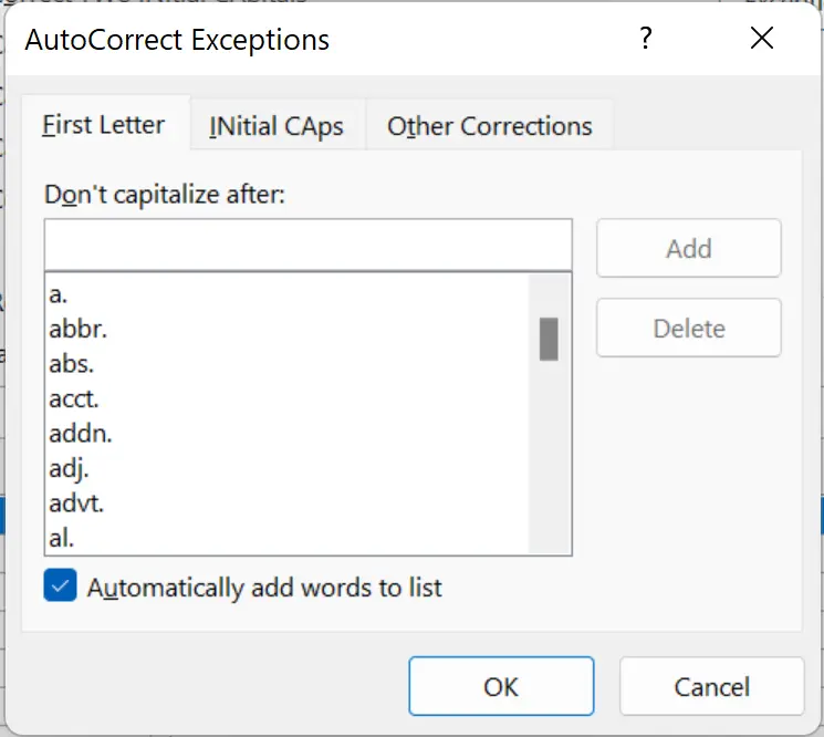 Outlook for Windows: AutoCorrect exceptions Image: Outlook for Windows: AutoCorrect exceptions