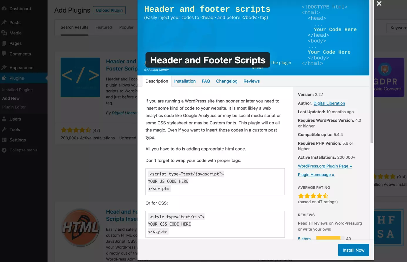 Image: Install Header and Footer Scripts plugin