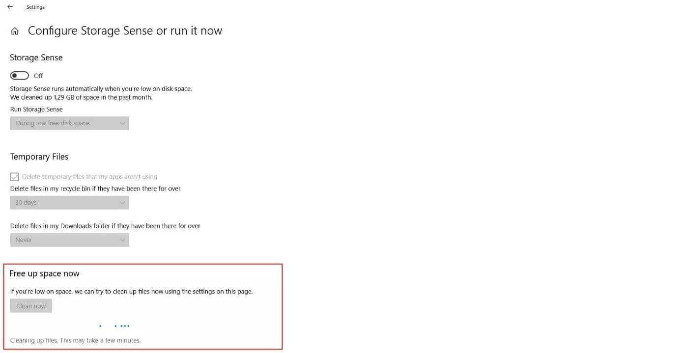 Image: The “Free up space now” section in Windows 10 Storage Sense