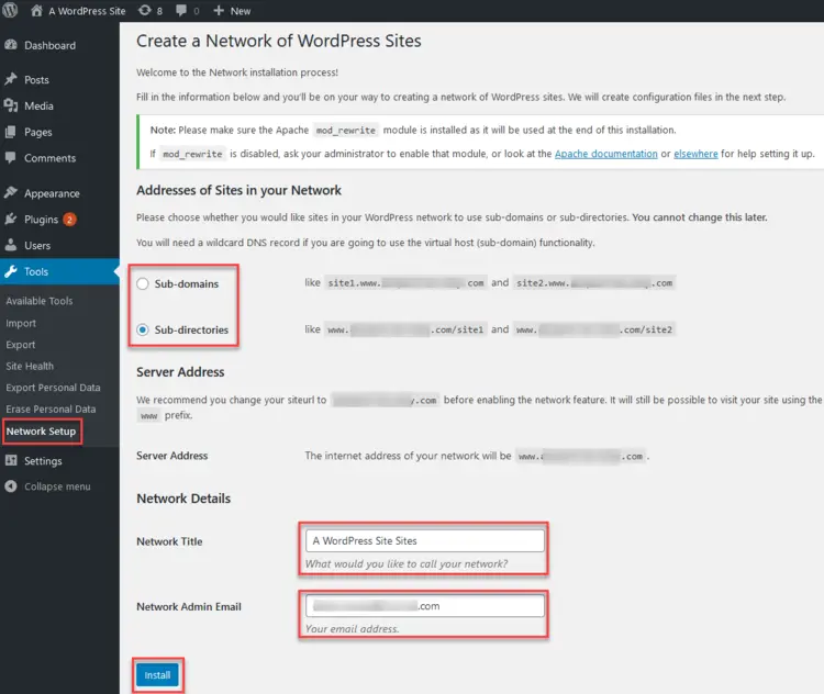 Tools – Network Setup: option to choose between subdomains and subdirectories Tools – Network Setup: option to choose between subdomains and subdirectories