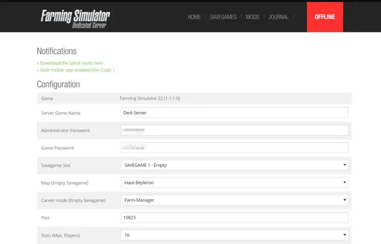 FS 22: Web interface of Dedicated Server FS 22: Web interface of Dedicated Server