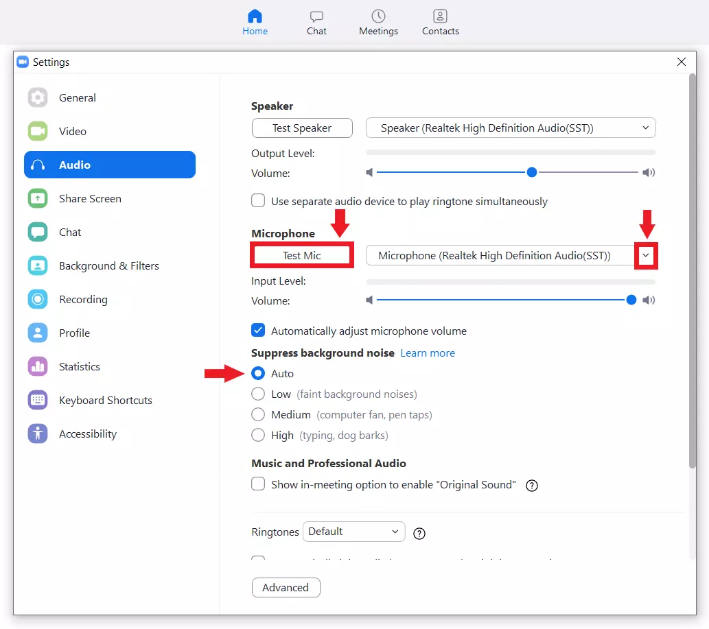Image: Test the microphone’s functionality in the Zoom audio settings
