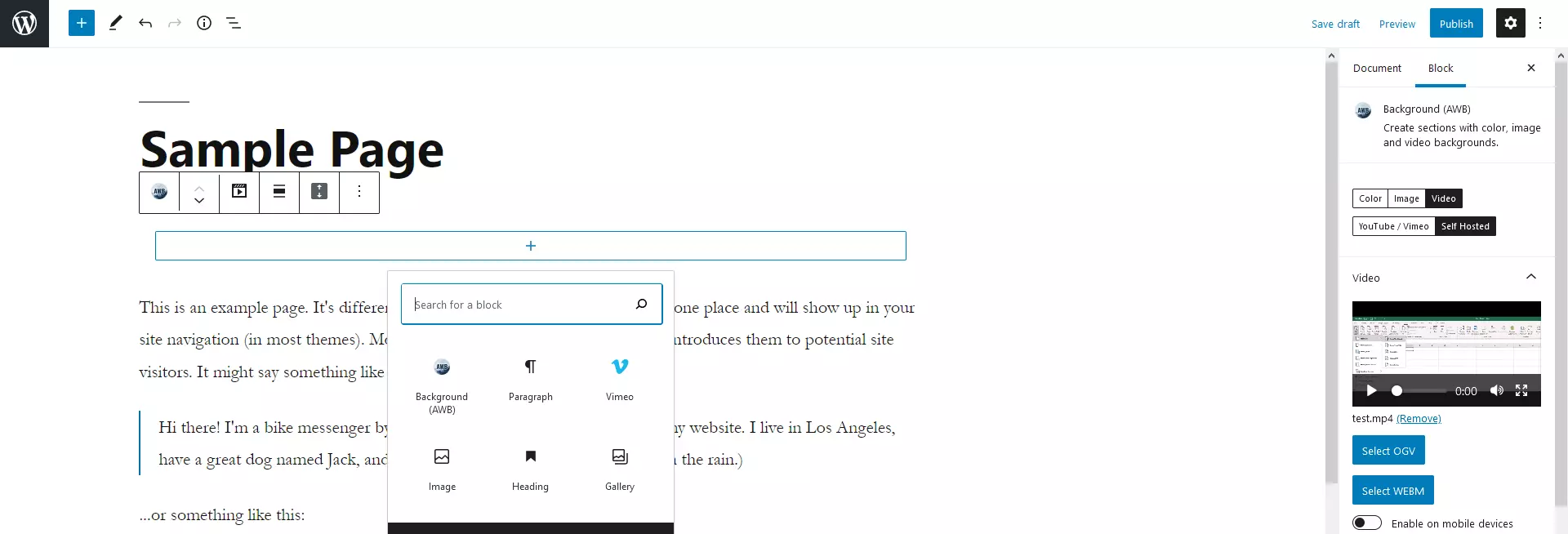 Image: AWB menu in WordPress editor