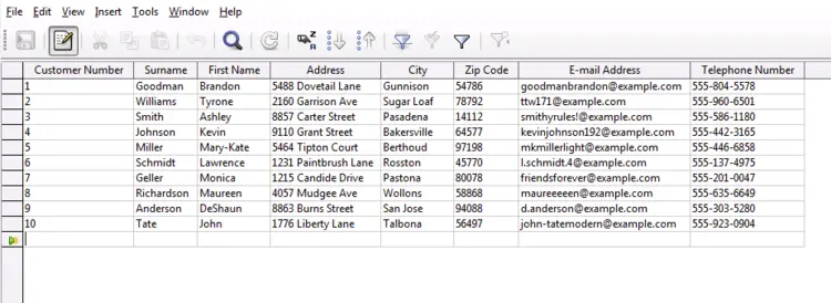 Exemplary customer database in LibreOffice Base Exemplary customer database in LibreOffice Base