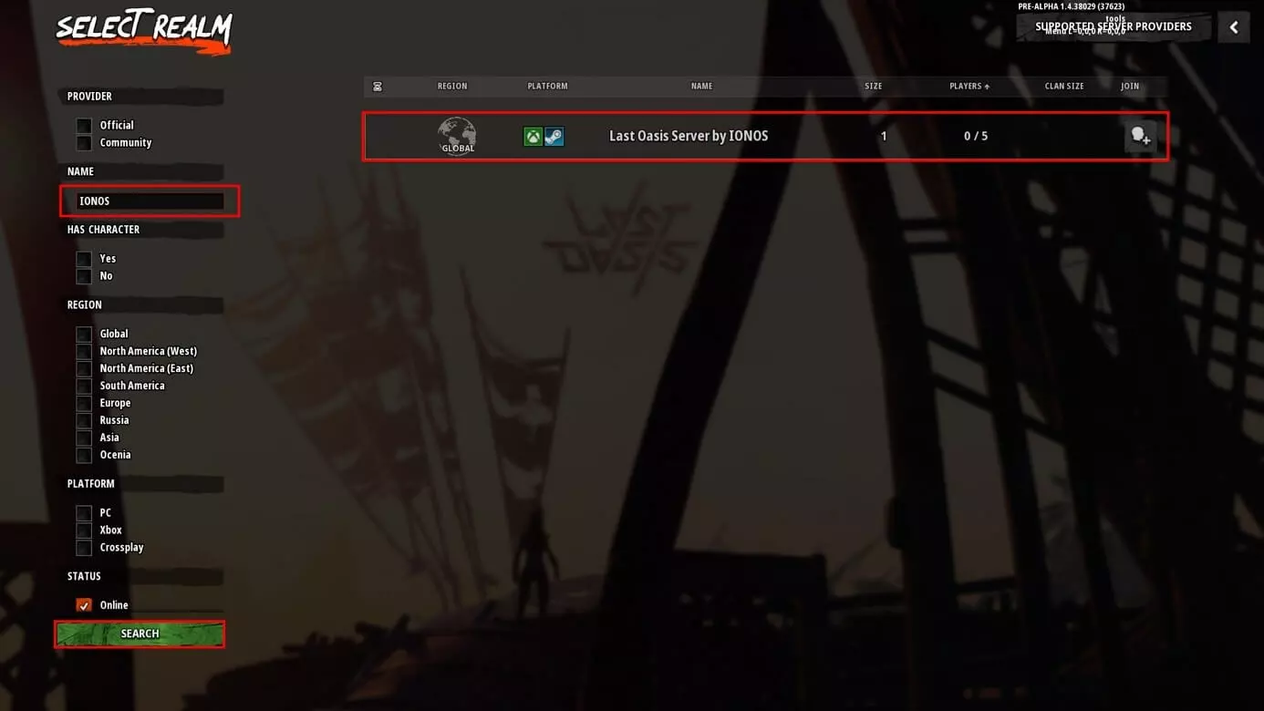 Image: Screenshot from Last Oasis: server selection