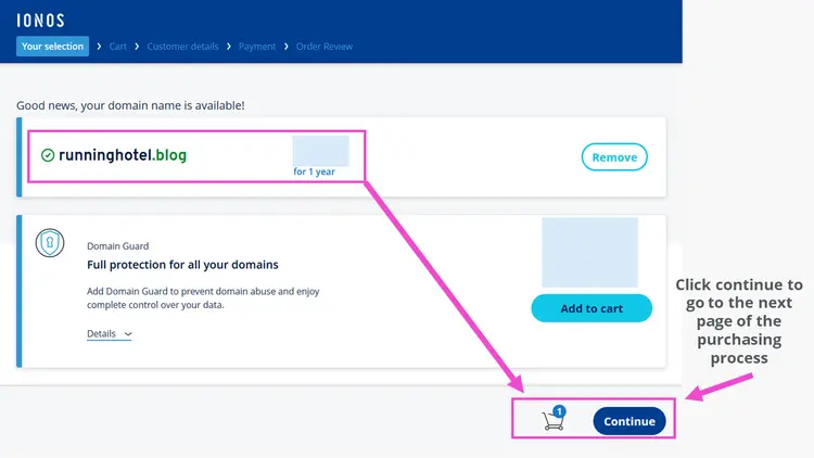 Confirmation page: Requested domain available and added to cart Confirmation page: Requested domain available and added to cart