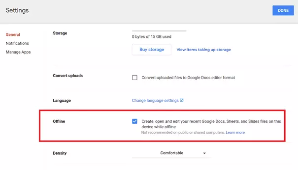 Image: Activate Google Drive: “Offline” function
