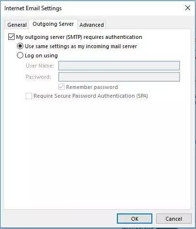 Outgoing server settings in Outlook 2013
