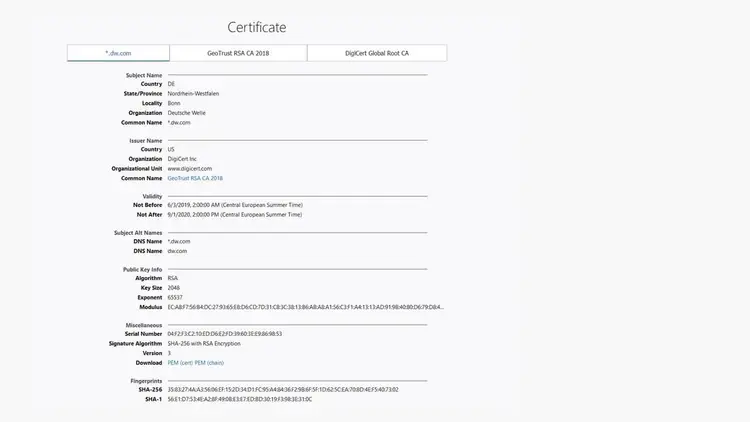 Server certificate with hash values (fingerprints) Server certificate with hash values (fingerprints)