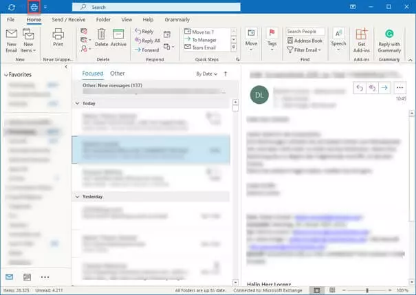 Image: “Print” icon in Outlook’s blue menu bar