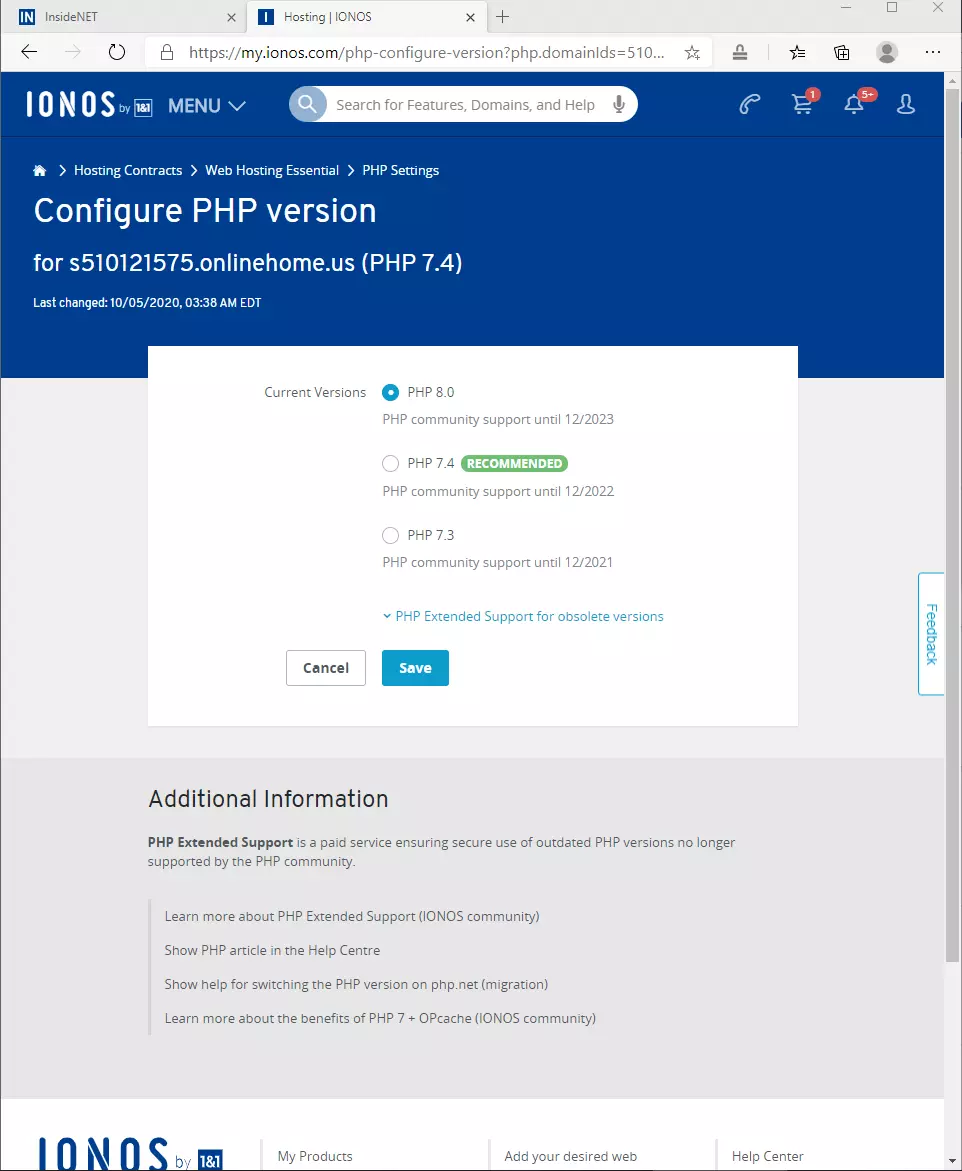 Image: Test PHP 8 with IONOS
