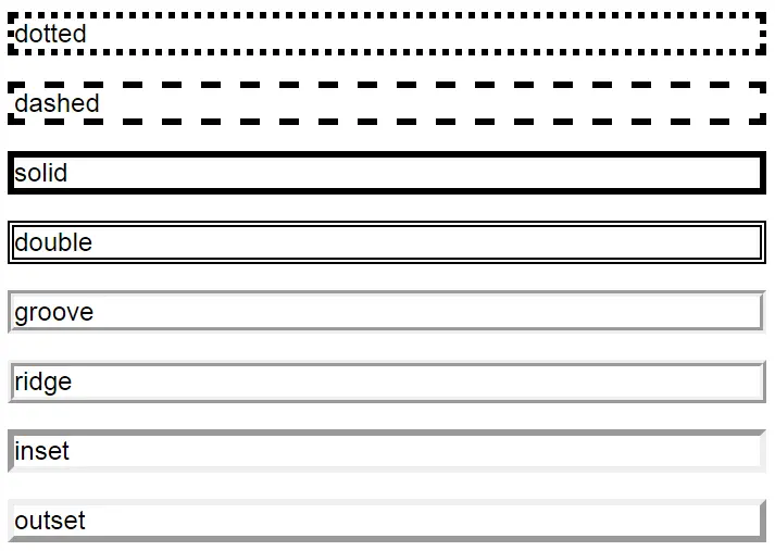 The CSS border styles: dotted, dashed, solid, double, groove, ridge, inset, and outset The CSS border styles: dotted, dashed, solid, double, groove, ridge, inset, and outset