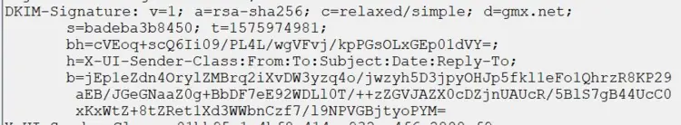 Screenshot of an email header with part of the DKIM signature Screenshot of an email header with part of the DKIM signature
