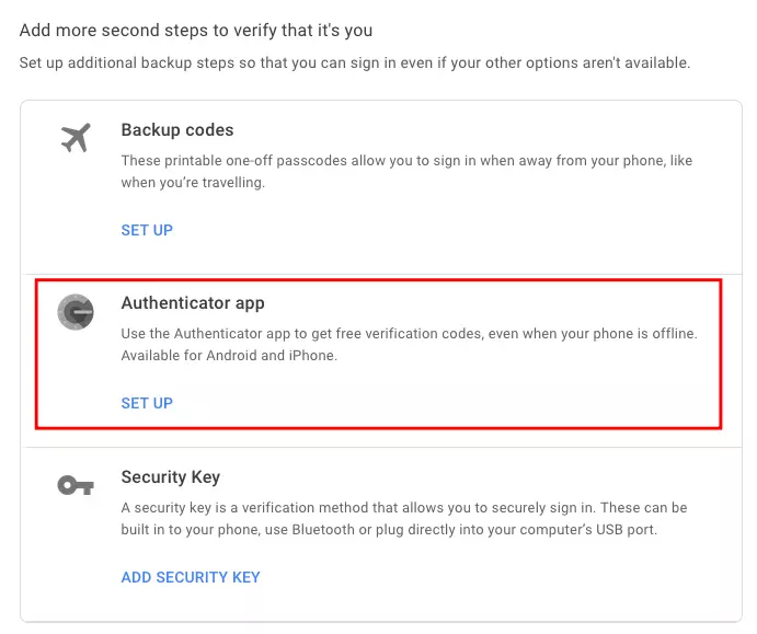 Image: Google account, select Authenticator app