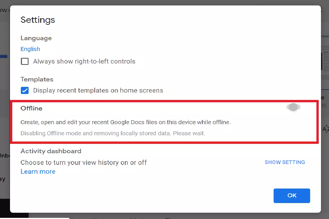 Image: Slider to enable offline use of Google Docs