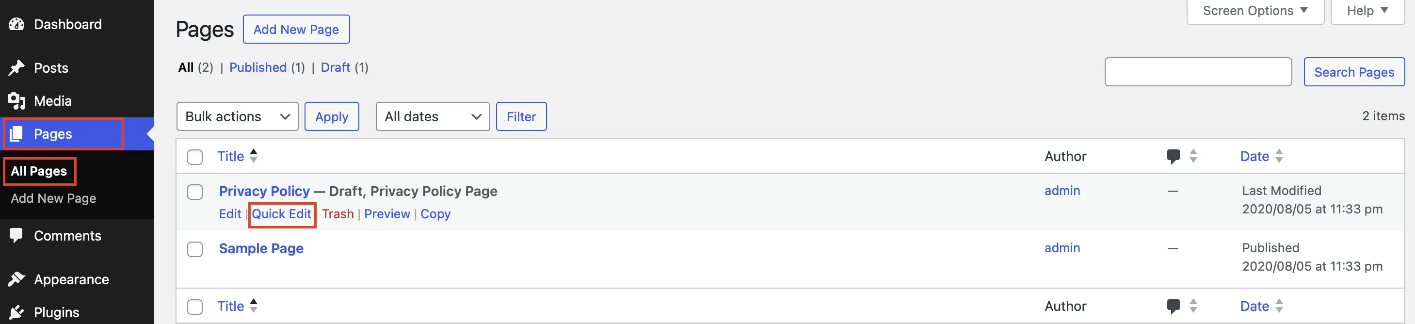 Image: “All Pages” screen in the WordPress backend with the “Quick Edit” button outlined in red