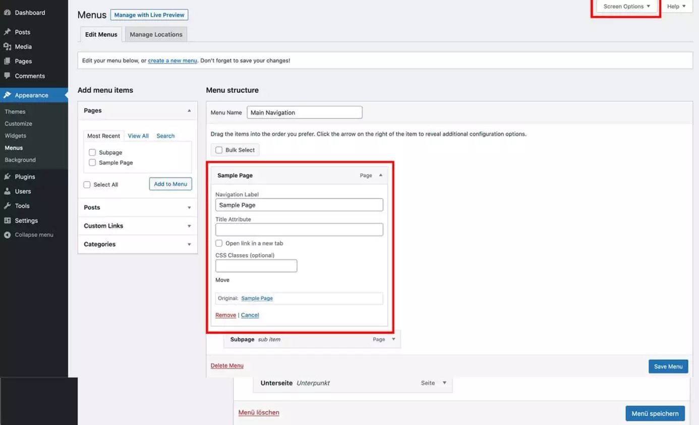 Image: Adapt elements in WordPress menu