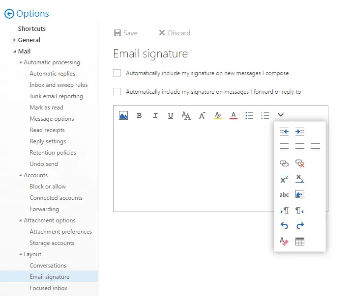 Screenshot of the e-mail signature editor in the Outlook web app Screenshot of the e-mail signature editor in the Outlook web app