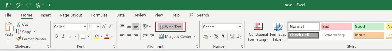 Image: “Home” tab in Excel 2016