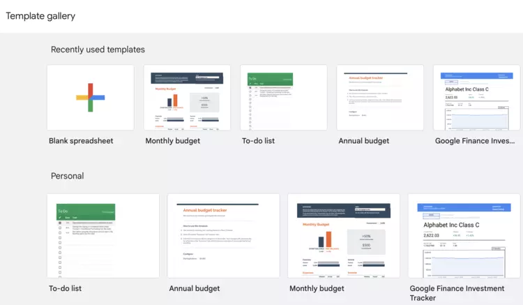 Screenshot of the Google Sheets template gallery Screenshot of the Google Sheets template gallery