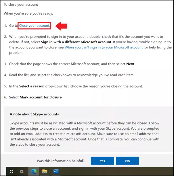 Image: Scroll down the Support page and click on “Close your account”